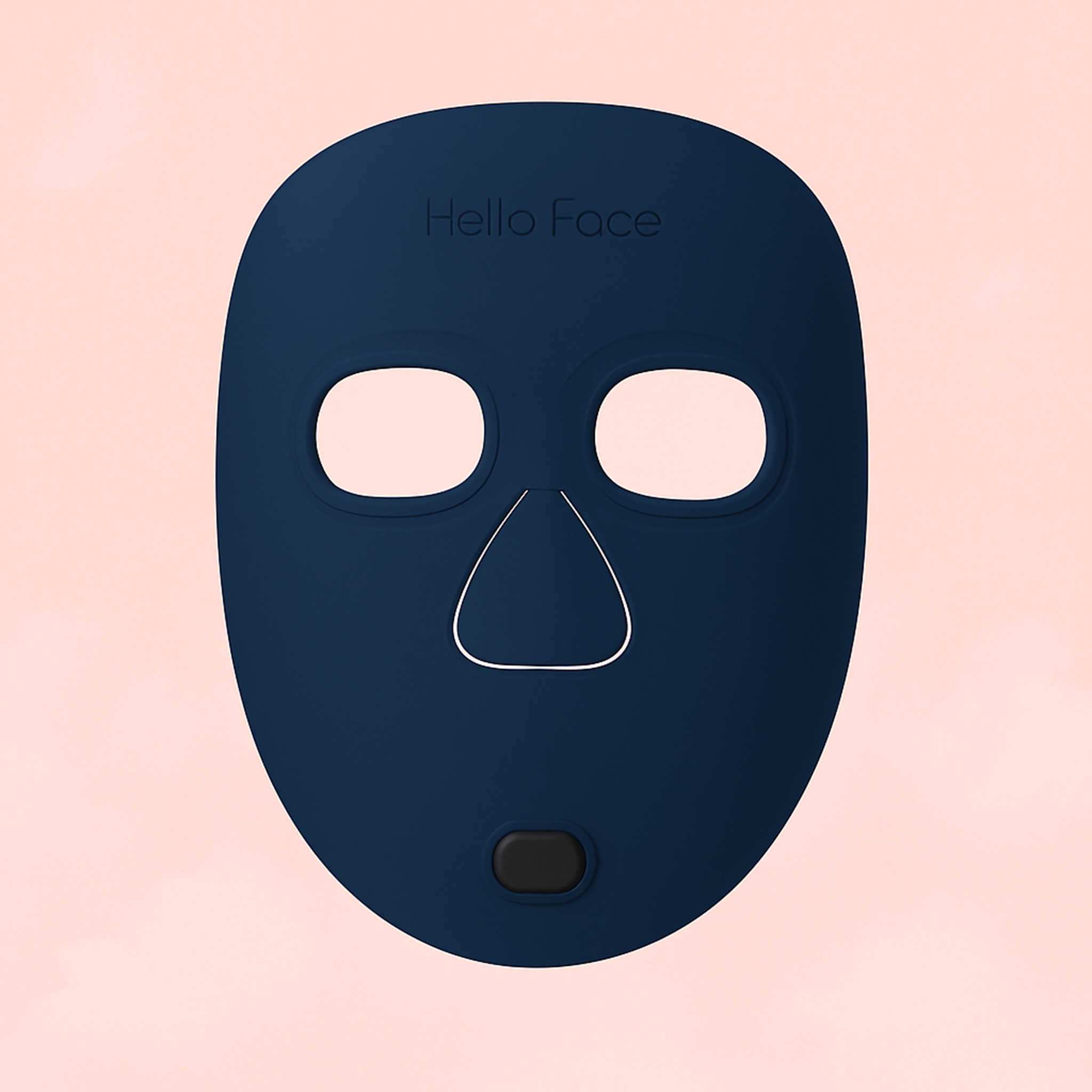 Blue mask with 'Hello Face' branding on a pink background